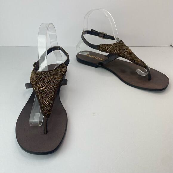 Matisse Women's Dina Brown Leather Gold Beaded Thong Sandals Size 9 - Picture 5 of 12